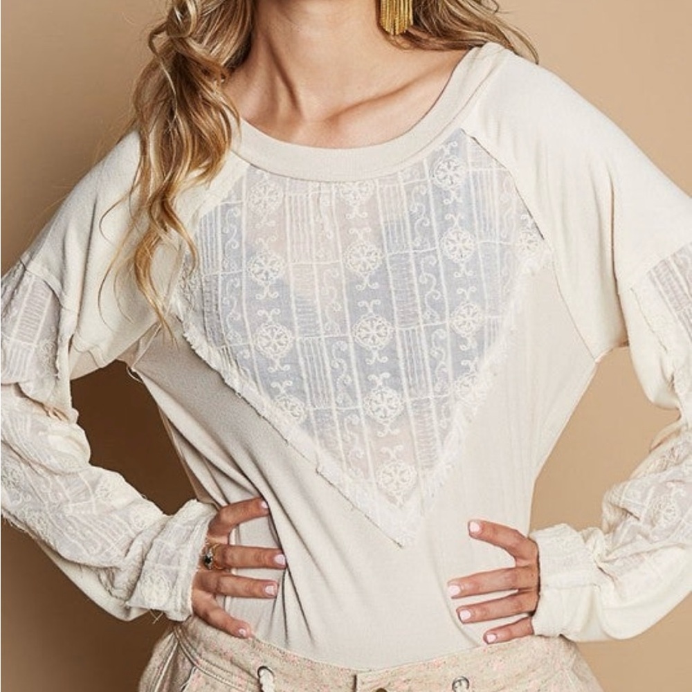 POL Round Neck Long Sleeve Top with Crochet Accent
